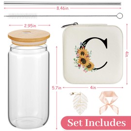 AYGXU Bridesmaid Gifts for Wedding Day,Bridesmaid Proposal Gifts,Drinking glass with Bamboo Lids and Straw,Jewelry Organizer,Travel Essentials Small Jewelry Box,Teen Girls Gifts,Initial C white