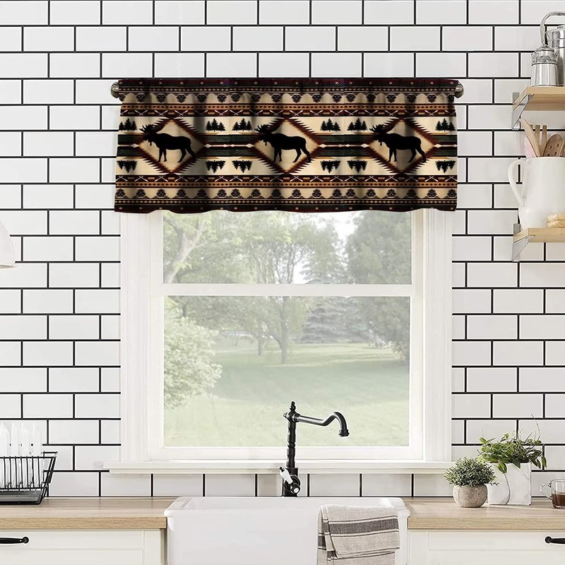Rustic Moose Deer Window Valance,Vintage Country Style Pine Tree Elk