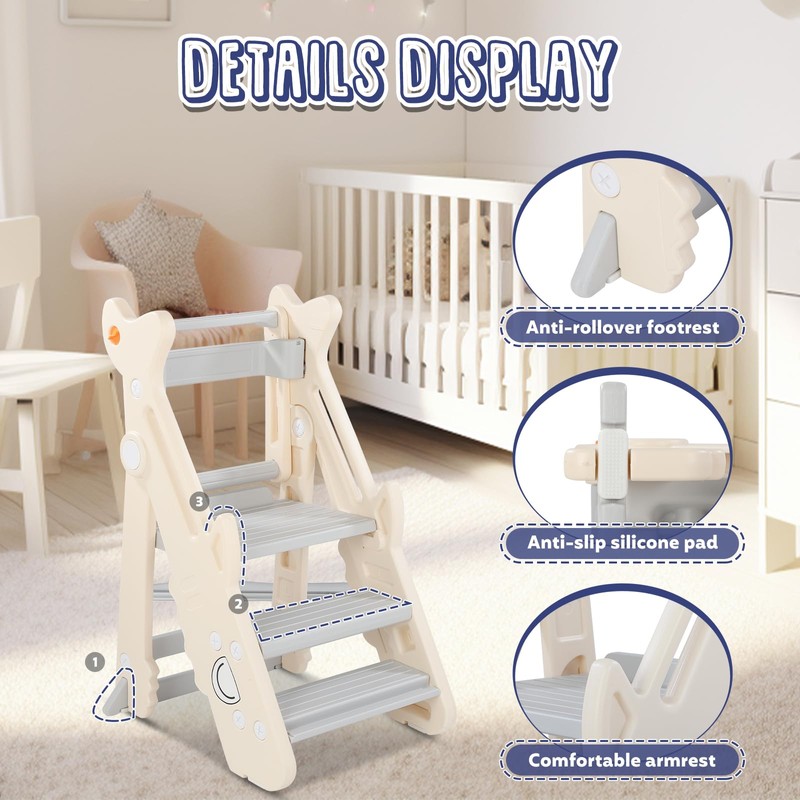 Foldable Toddler Tower, Toddler Kitchen Step Stool Helper, Height-Adjustable Foldable