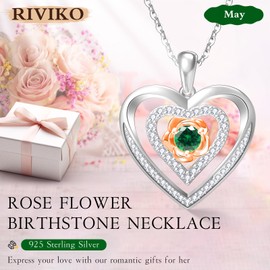 RIVIKO 925 Sterling Silver Rose Flower May Birthstone Necklaces for Women,Love Heart Pendant Necklace Jewelry for Women Wife Mother Friend Lady