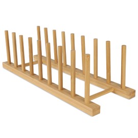 SAMEBUTECO Bamboo Dish Racks 8 Slots,Wooden Plate Organizer for Cabinet Space Saver, Dish, Pots, Lids, Bowls, Cups,Cutting Boards and Books Storage (Box Included)