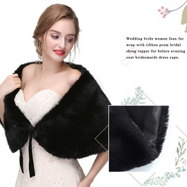 Fdesigner Women's 1920s Faux Fur Shawl with Velvet Ribbon Bridal Wedding Fur Wraps and Shawls Faux Mink Shawl for Women and Girls (Black)