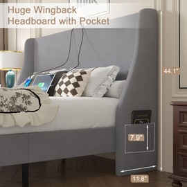 VECELO Full Bed Frame with Upholstered Wingback Headboard, Heavy-Duty Platform Bedframe with Charging Station, Wooden Slats, No Box Spring Needed, Light Grey