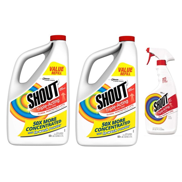 Shout 60 Oz Triple-Acting Liquid Refill (Pack of 2) Made in USA + FREE Laundry Stain Remover