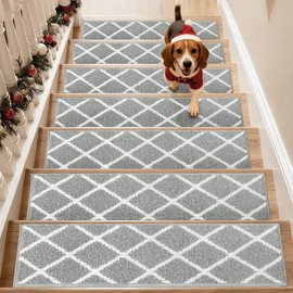 COSY HOMEER Edging Stair Treads Non-Slip Carpet Mat 28inX9in Indoor Stair Runners for Wooden Steps, Stair Rugs for Kids and Dogs, 100% Polyester TPE Backing 15pcs,Grey