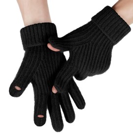 Winter Knit Gloves, Touchscreen Compatible, Warm Full Finger Design for Men and Women (Black)