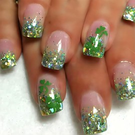 24Pcs St. Patrick's Day Press on Nails Short Square Fake Nails French Tip Nails Press Ons Glossy Irish False Nails with Shamrock Designs Stick on Nails Full Cover Glitter Acrylic Nails for Women