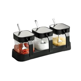 Hewnda Clear Glass Condiment Canisters,Seasoning Box Spice Container with Lid and Spoon Set of 3 Suitable for Home, Cafe, Buffet (Black)
