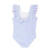 RuffleButts® Niñas Periwinkle Blue Seersucker Cascada de una pieza -
