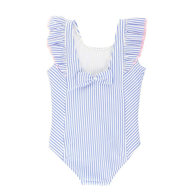 RuffleButts® Niñas Periwinkle Blue Seersucker Cascada de una pieza -