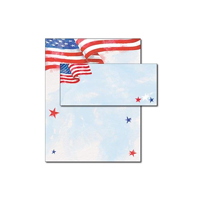Painted American Flag Patriotic Stationery Paper with Envelopes Combo Pack