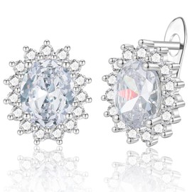 WOVEE Earrings Silver 925 Oval Flower Stud Earrings AAA Zirconia White/Blue/Green Elliptical Glitter Stone Stud Silver 925 Ladies Women Bridal Wedding Silver Earrings Women's Earrings, Sterling Silver