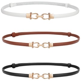 WERFORU 3 Pack Women Skinny Belt for Dress,Thin Waist Belt - Adjustable Leather Belt with Gold Buckle, Black+Brown+White, Fit Waist Size below 37 Inches