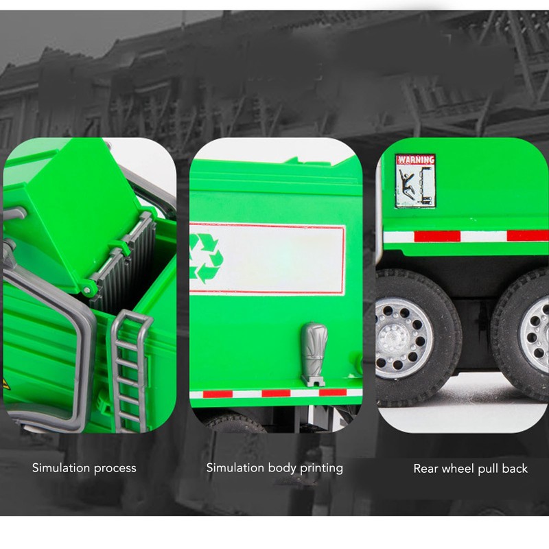 1:32 Garbage Truck Toy with Dumpster 4 Trash Bins Friction
