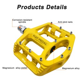 UPANBIKE Magnesium Alloy Bike Pedals 9/16'' Spindle Bearing High-Strength Non-Slip Large Flat Platform for Mountain Bike Road Bicycle (Yellow)