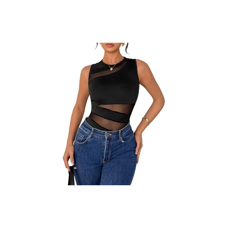 GORGLITTER Women's Bodysuit Sleeveless Body Transparent Bodysuits Round Collar Bodysuits