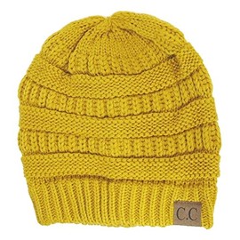 Black Thick Slouchy Knit Oversized Beanie Cap Hat,One Size,Mustard