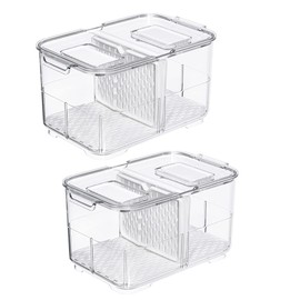 Slideep Food Storage Containers Fridge Produce Saver, Stackable Refrigerator Organizer Keeper Foldable lid with Removable Drain Tray for Produce, Fruits, Vegetables 2800 ml - 2 Pack