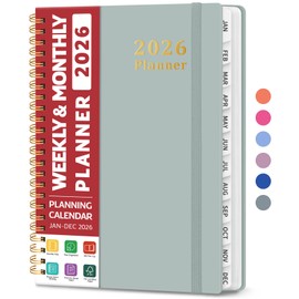 2026 Planner, Weekly and Monthly Planner, January 2026 - December 2026, Hardcover 2026 Calendar Planner Book with Tabs For Women & Men, Inner Pocket, Spiral Bound, Perfect for Office Home School Supplies - A5 (6.3" x 8.5"), Dusty Blue