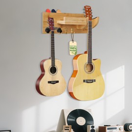 RONGSENDAY Bamboo Guitar Hanger - Guitar Wall Mount Shelf with 3 Hooks and Pick Holder, Wooden Guitar Hangers Rack for Acoustic, Electric, Bass, Ukulele, Guitar Accessories