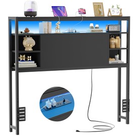 Unikito Twin Headboard with Storage, Headboards with Power Outlets and Smart LED Light, Sturdy Head Board for Twin Size Bed, Stable Twin Headboard Only for Bedroom, Dorm Room, Guest Room, Black