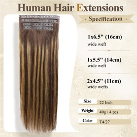 Remy Human Hair Extension Micro Ring PU Hair Extensions T4/27 Highlight PU Invisible Hole Weft Human Hair Extensions Bead Weft Hair Extension Tape in Human Hair for Women (40g 4Pcs,22 Inch)