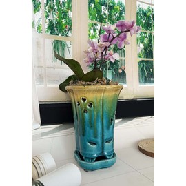 Fowargif Ceramic Orchid Pot, Round Green Planter with Saucer, 5.7x5.7x8.5 inches, Blue