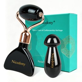 Gua Sha Tool - Juego de rodillos faciales de obsidiana negra, rodillo facial de enfriamiento de 2 piezas con piedra de hongo para mujeres, herramienta