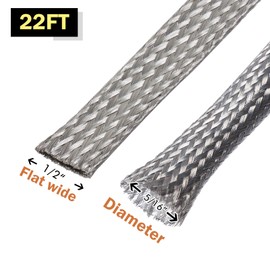 Flat Tinned Copper Wires Shielding Sleeving,Wire Cable Braided Sleeve Shield Metal Ground Straps EMI/RFI Mesh Protect (Silver, 1/2"-22ft)