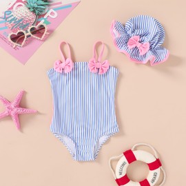 YOUNGER TREE Toddler Baby Girl Swimsuit Infant One Piece Bathing Suits with Hat Newborn Summer Beach Swimwear(6-12 Months,Blue Stripes)