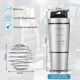 ACWOO 700ml Protein Shaker Bottle with 200ml Storage Cup, Stainless Steel Protein Shaker Cup with Mixball, Gym Shaker Bottle, Protein Shaker, BPA Free Leak Proof Shaker Bottle for Protein Shakes