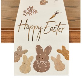 RABUSOFA Happy Easter Table Runner, Carrots Rabbit Bunny Spring Summer Seasonal Holiday Kitchen Dining Table Decoration for Indoor Outdoor Home Party Decor 13 x 48 Inch Brown