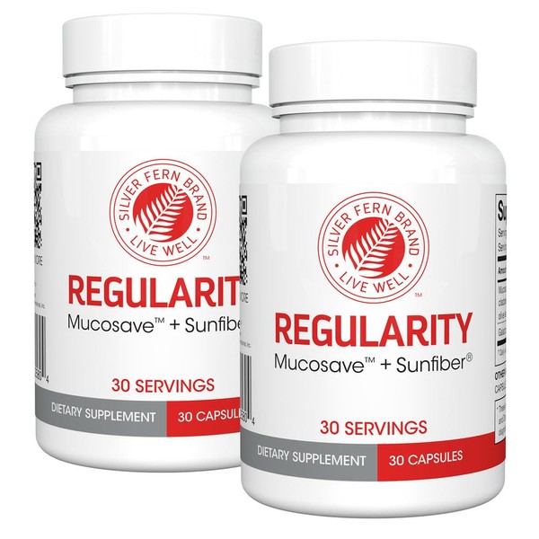 Silver Fern Regularity Digestive Supplement Capsules Brand - 1 Bottle = 30 Capsules = 30 Day Supply - with Mucosave FG (Prickly Pear Polysaccharides & Olive Leaf Polyphenols) & SunFiber (2 Bottles)