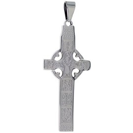 Sabrina Silver Stainless Steel Celtic Muiredach Cross Necklace, 2 inch Tall with 30 inch Chain
