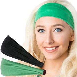 Hipsy Adjustable & Stretchy Crushed Xflex Wide Headbands for Women Girls & Teens (Crushed Green & Black 2pk)