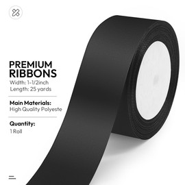 KMER LIFE Solid Color Black Satin Ribbon, 1-1/2 Inches x 25 Yards Fabric Satin Ribbon for Gift Wrapping, Crafts, Hair Bows Making, Wreath, Wedding Party Decoration and Other Sewing Projects