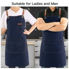 Chef Apron for Men Women with Pockets, Cross Back Apron for Kitchen Cooking Baking Artist Painting, Cotton Canvas Work Aprons for Shop, Garden, Restaurant, Bartender, Barista (M to XXL, Blue)