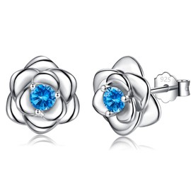 Silver Earrings for Women, Sterling Silver Stud Earrings Hypoallergenic Blue Cubic Zirconia Dainty Flower Rose Stud Earrings for Ladies Girls Birthday Christmas Jewellery Gifts