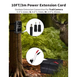 10FT Trail Camera Power Cord for Spypoint, Tactacam Reveal X XB SK, Moultrie, 5.5x2.1mm DC Plug External Power Cable Compatible with Portable Power Banks, Solar Panel, Includes 2A Fuse and 2 Adapters