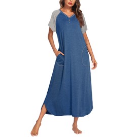 Ekouaer Maxi Nightgown Lounge Dress Long Nightshirt Plus Size, A-blue, Large