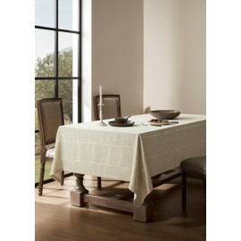 ZeeMart Grid Embroidered Hemmed Tablecloths, Ivory 52x70 Inch, Farmhouse Style Heavy Weight Cotton Linen Ivory Tablecloths, Boho Plaid Water Resistant Rectangle Table Cloth