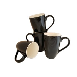 Essential Drinkware 18oz Portici Porcelain Large Coffee Mugs, Black - Set of 4 Tall Bistro Style Cups with Extra Large Handles and Contrasting Colors