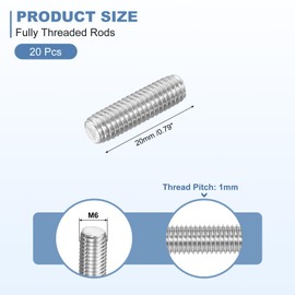 uxcell 20Pcs M6-1.0x20mm Fully Threaded Rods, Threaded Rods Bar Studs, 304 Stainless Steel Long Thread Screws Hardware for U-Bolts, Anchors, Clamps, Hangers, Silver