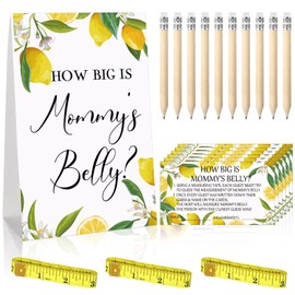 Sabary 64 Piezas Sets de Adivina Baby Shower Cartel de How Big is Mommy's Belly Juego de Medir la Panza del Bebé y 50 Cartas de Adivinanzas con 10 Lápices 3 Cintas Métricas para Fiesta (Limón)