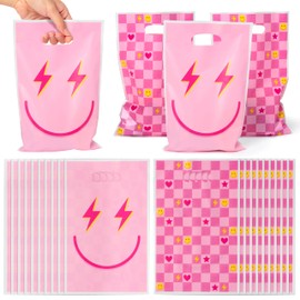 Wood Homing 50PCS Smile Face Party Favor Bags for Kids Preppy Theme Pink Heart Checkered Lightning Plastic Candy Gift Bags Bulk with Handles Smile Baby in Bloom Birthday Party Decorations Supplies