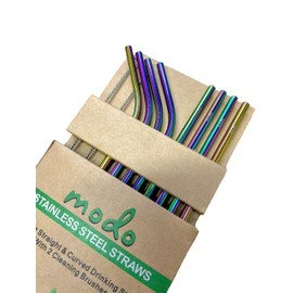 Modo Stainless Steel Straw, Eco Friendly Reusable Metal Drinking Straws with 2 Cleaning Brushes (8 Pack - 4 Straight - 4 Curved) (Multi)