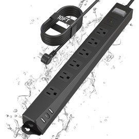 Outdoor Power Strip Weatherproof, KPQ IPX6 Waterproof Surge Protector with 6 Outlets with 2 USB A and 1 USB C, 10FT Extension Cord, Wall Mountable for Home, Office, Dorm, Patio, FCC UL Listed