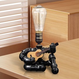 CHXTX Music Guitar Table Lamp Guitar Gifts for Men Cool Guitar Gifts for Music Lovers Guitar Stuff Accessories Edison Bulb Unique Steampunk Pipe Lamps Microphone Players Art Decor (Wood)