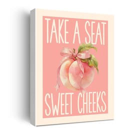 Funny Pink Peach Bathroom Wall Art Decor Cute Bow Fruit Canvas Painting for Bathroom Toilet Bathroom Home Take a Seat Sweet Cheeks Wall Signs Framed 12 X 15 Inch