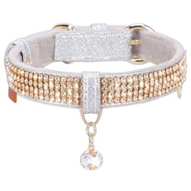 PetsHome Cat Collar, Dog Collar, [Bling Rhinestones] Premium PU Leather with Pendant Adjustable Collars for Big Cat and Small to Medium Dog Small Silvery